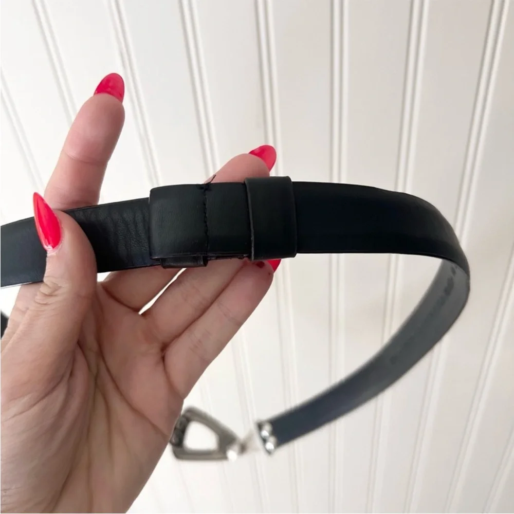 Chico's Black Genuine Spilt Leather Adjustable Belt with Sculpted Silver Buckle